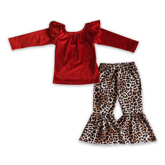 Red Velvet Shirt Leopard Pants Girls Fall Winter Clothes