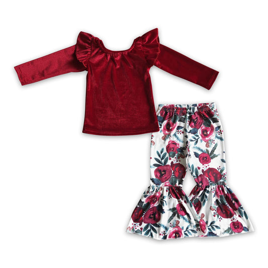 Red Velvet Shirt & Floral Pants Clothing Set