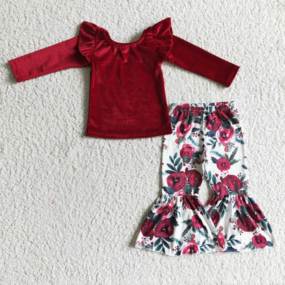 Red Velvet Shirt & Floral Pants Clothing Set