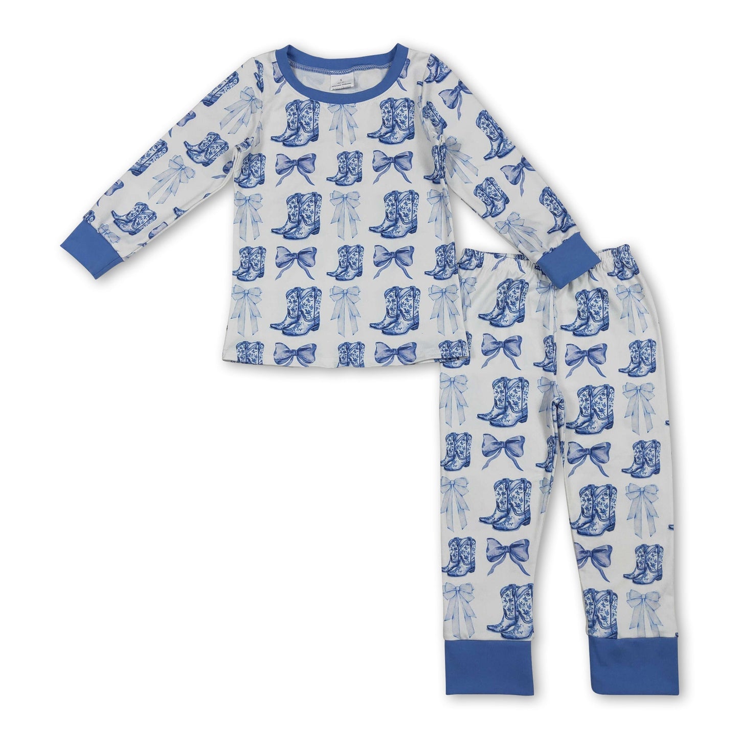 Long sleeves light blue bow boots western girls pajamas