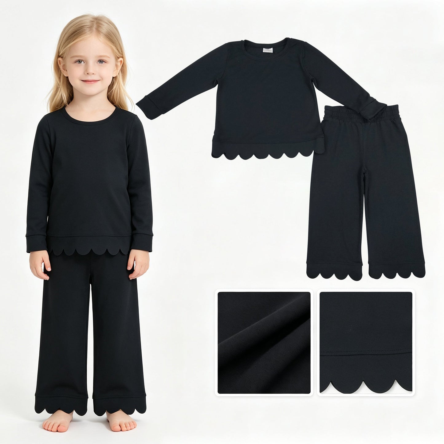 Black cotton long sleeves scallop girls fall pajamas set