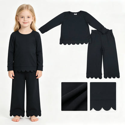 Black cotton long sleeves scallop girls fall pajamas set