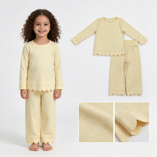 Yellow cotton long sleeves scallop girls fall pajamas set