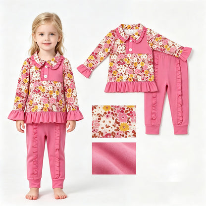 Long sleeves floral pullover ruffle pants girls fall clothes