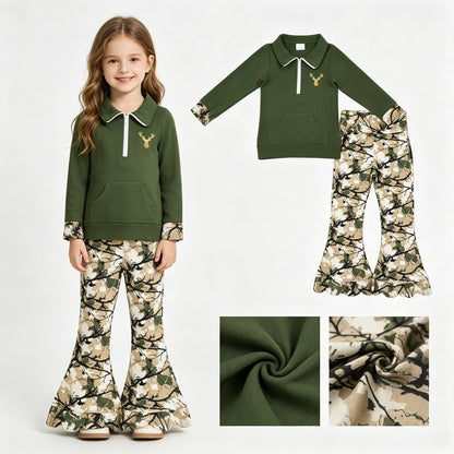 Cotton deer embroidery pullover scallop pants girls outfits