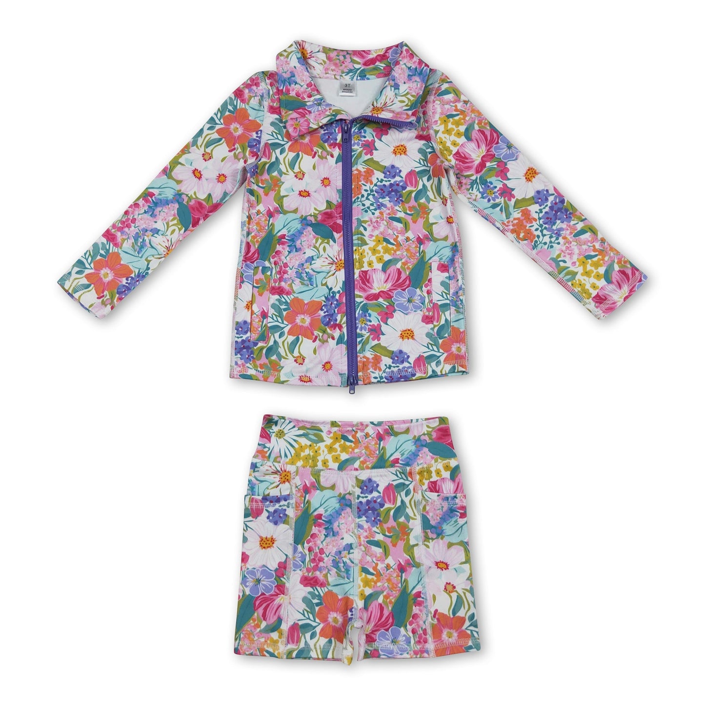 Long sleeves lavender floral top shorts girls activewear set
