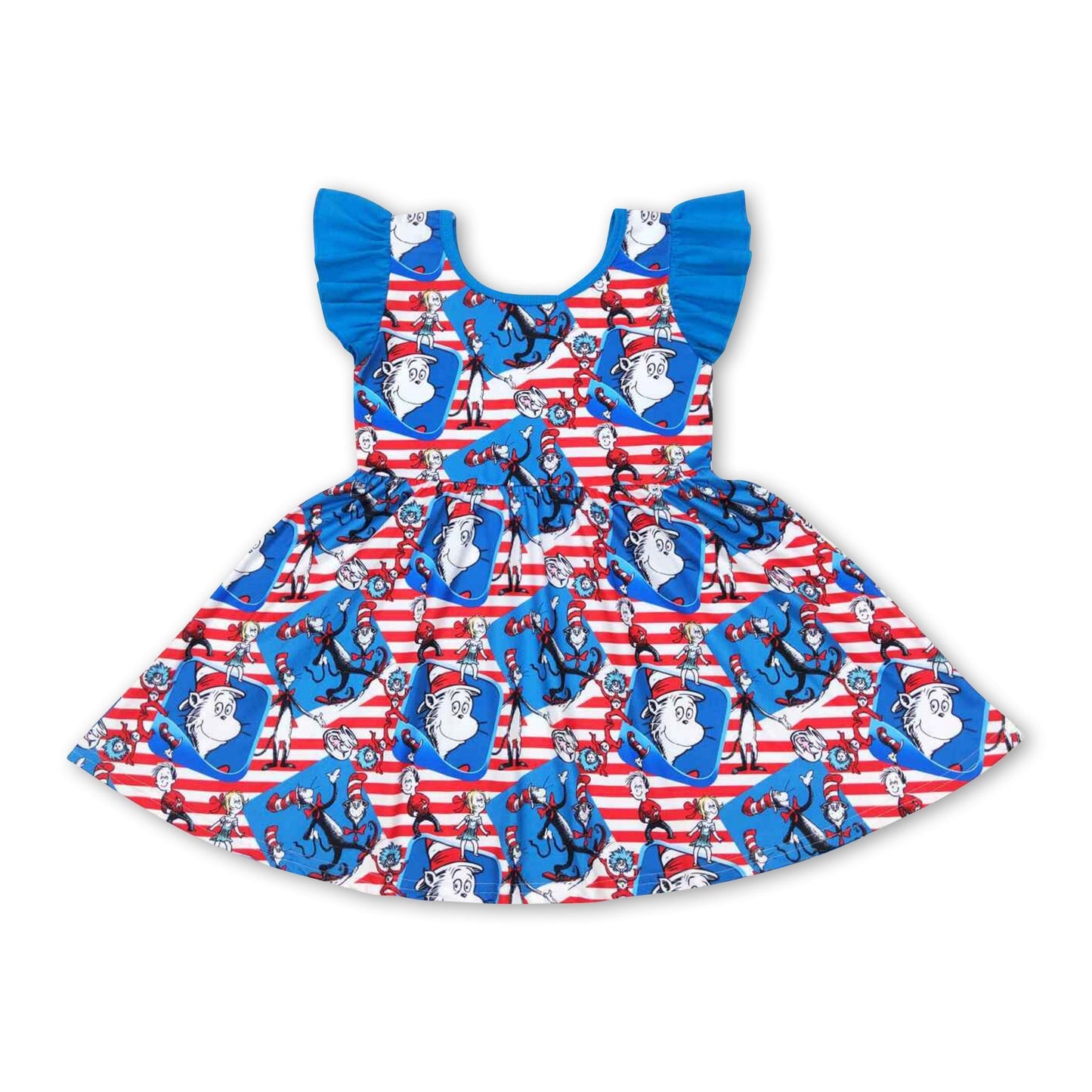 Flutter sleeves blue red stripe cat hat girls dresses