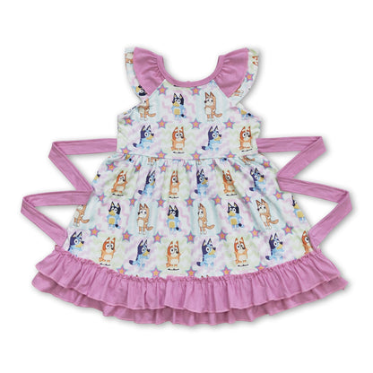 Short sleeves pink ruffle dog kids girls dresses