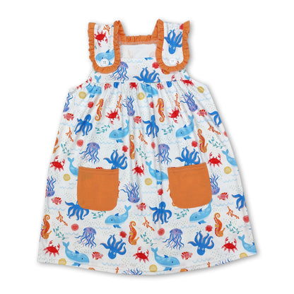 Sleeveless seahorse octopus pockets baby girls dresses