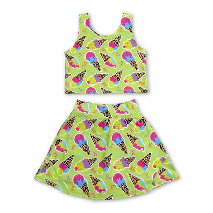 Sleeveless leopard ice cream bow girls activewear set