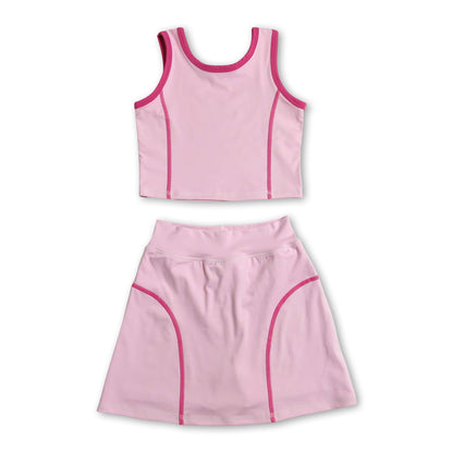 Sleeveless pink top high waist skirt girls activewear set