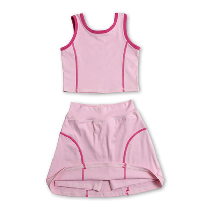 Sleeveless pink top high waist skirt girls activewear set