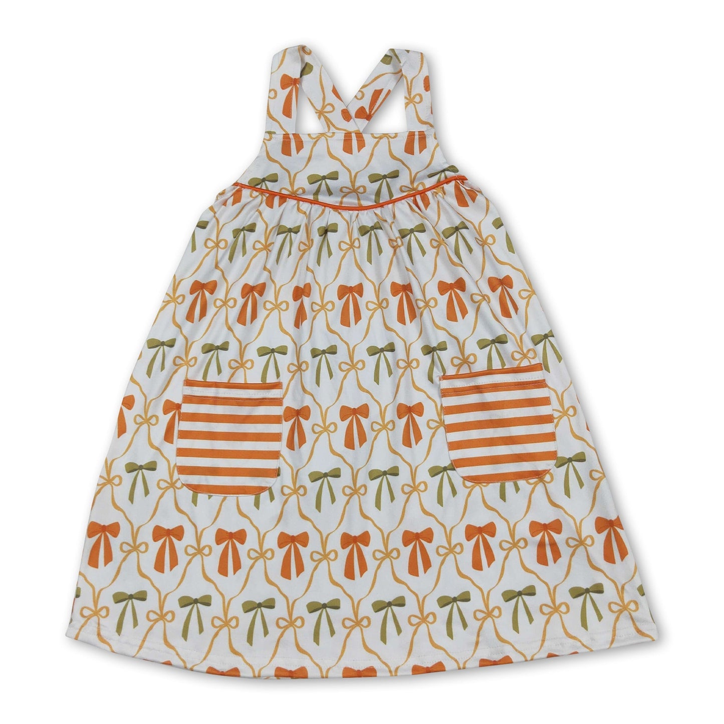 Straps orange bows stripe pockets girls fall dresses