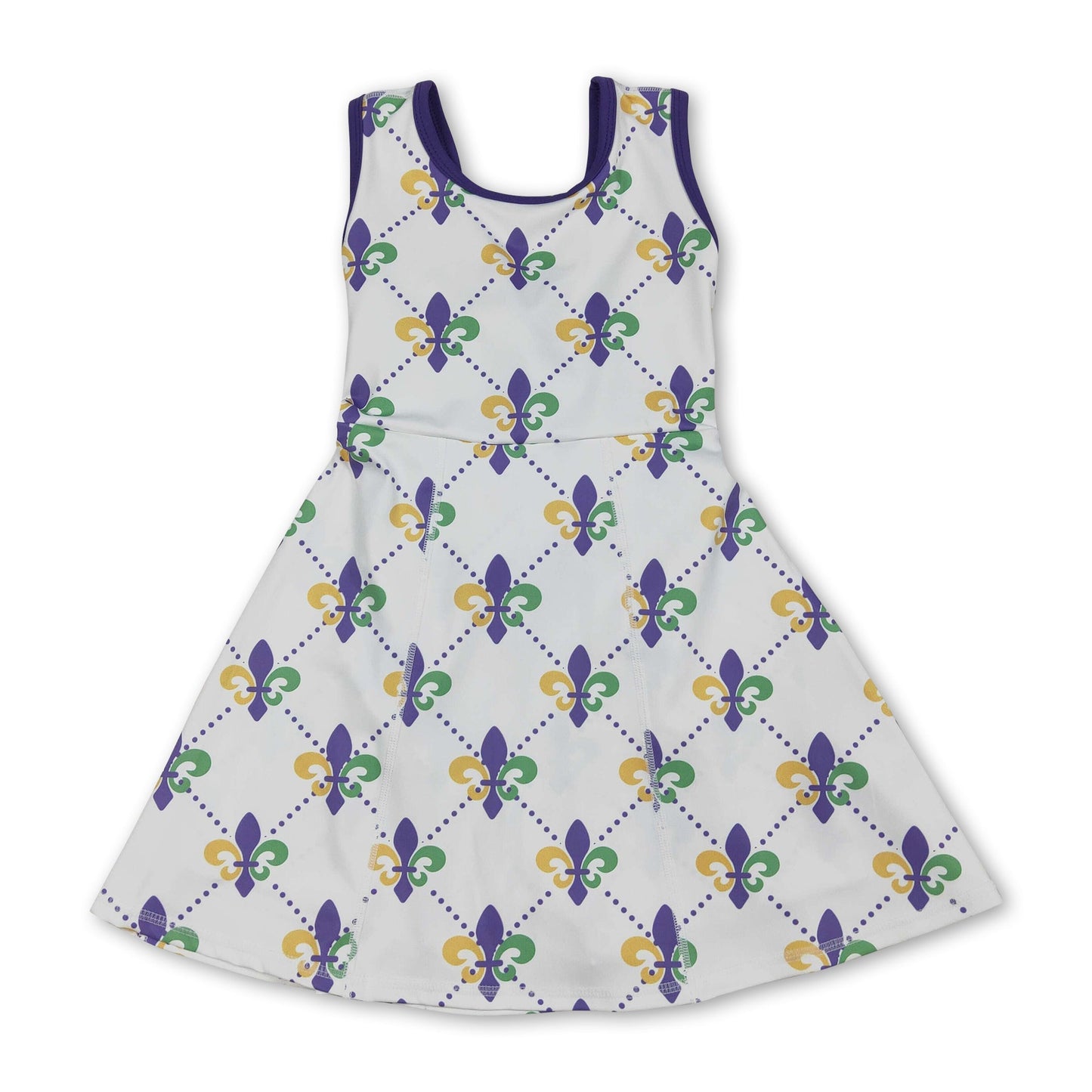Purple green yellow sleeveless girls Mardi Gras athletic dress