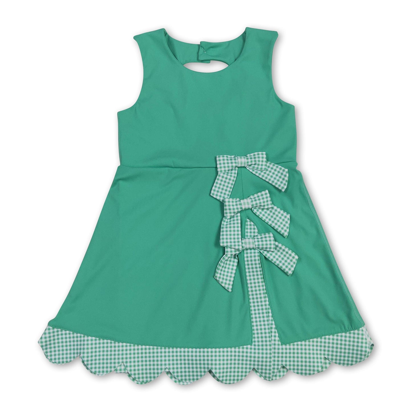 Sleeveless plaid bow green kids girls summer athletic dress