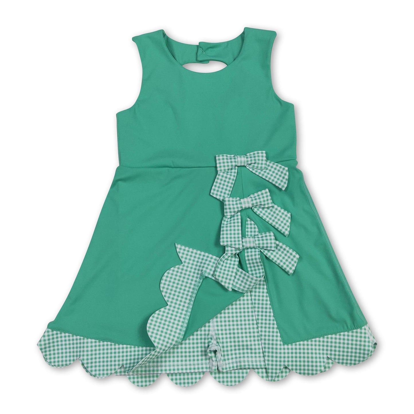 Sleeveless plaid bow green kids girls summer athletic dress