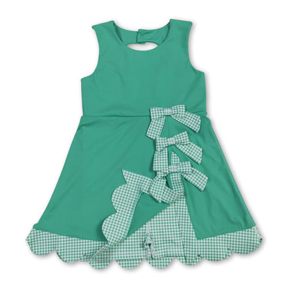 Sleeveless plaid bow green kids girls summer athletic dress