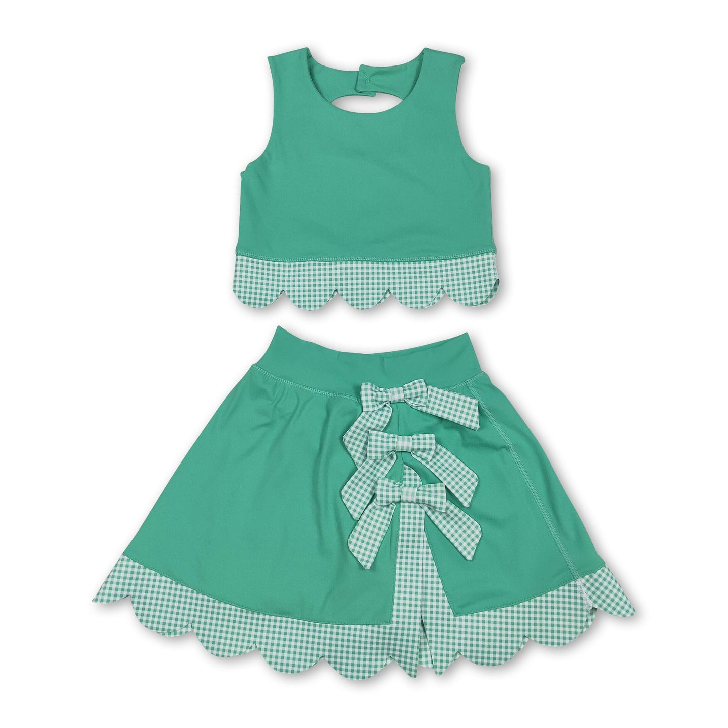 Sleeveless green crop top plaid bow skirt kids girls active set
