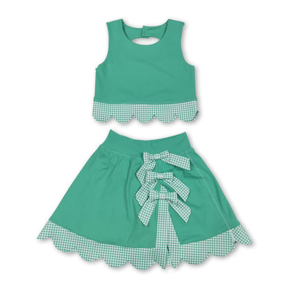 Sleeveless green crop top plaid bow skirt kids girls active set