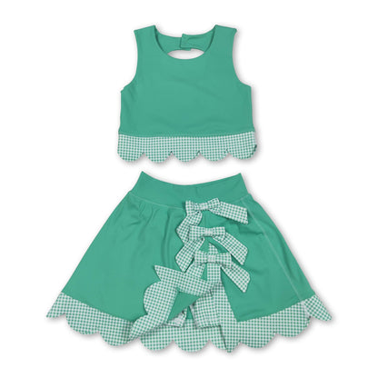 Sleeveless green crop top plaid bow skirt kids girls active set