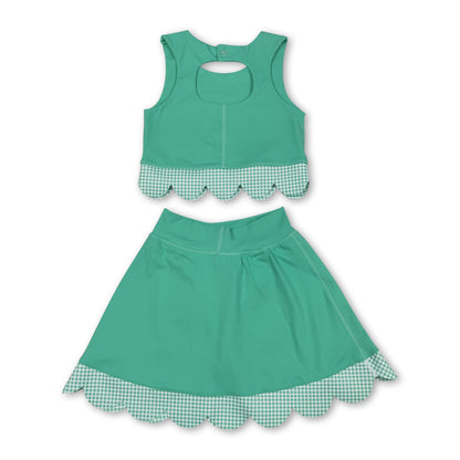 Sleeveless green crop top plaid bow skirt kids girls active set