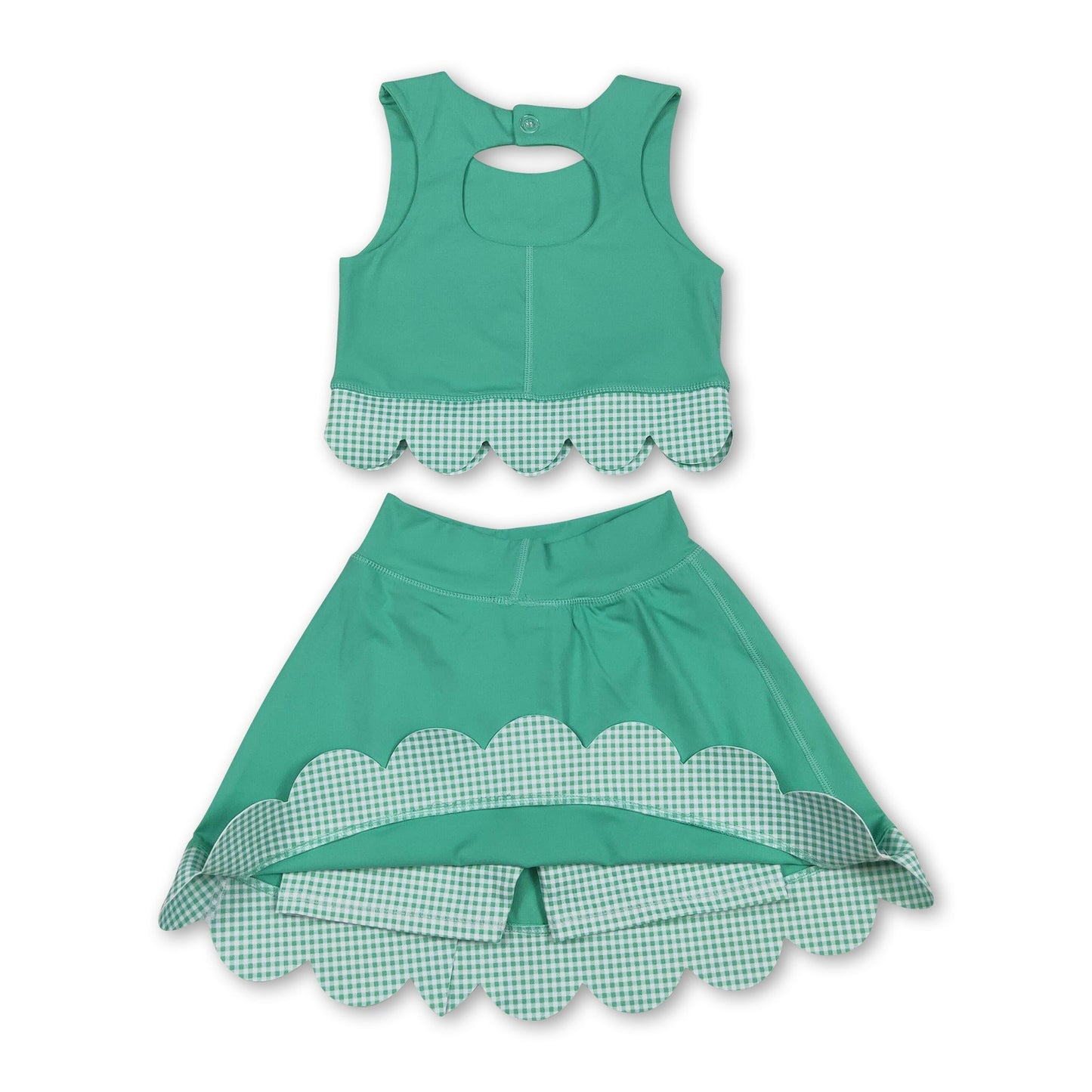 Sleeveless green crop top plaid bow skirt kids girls active set