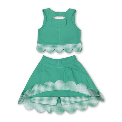 Sleeveless green crop top plaid bow skirt kids girls active set