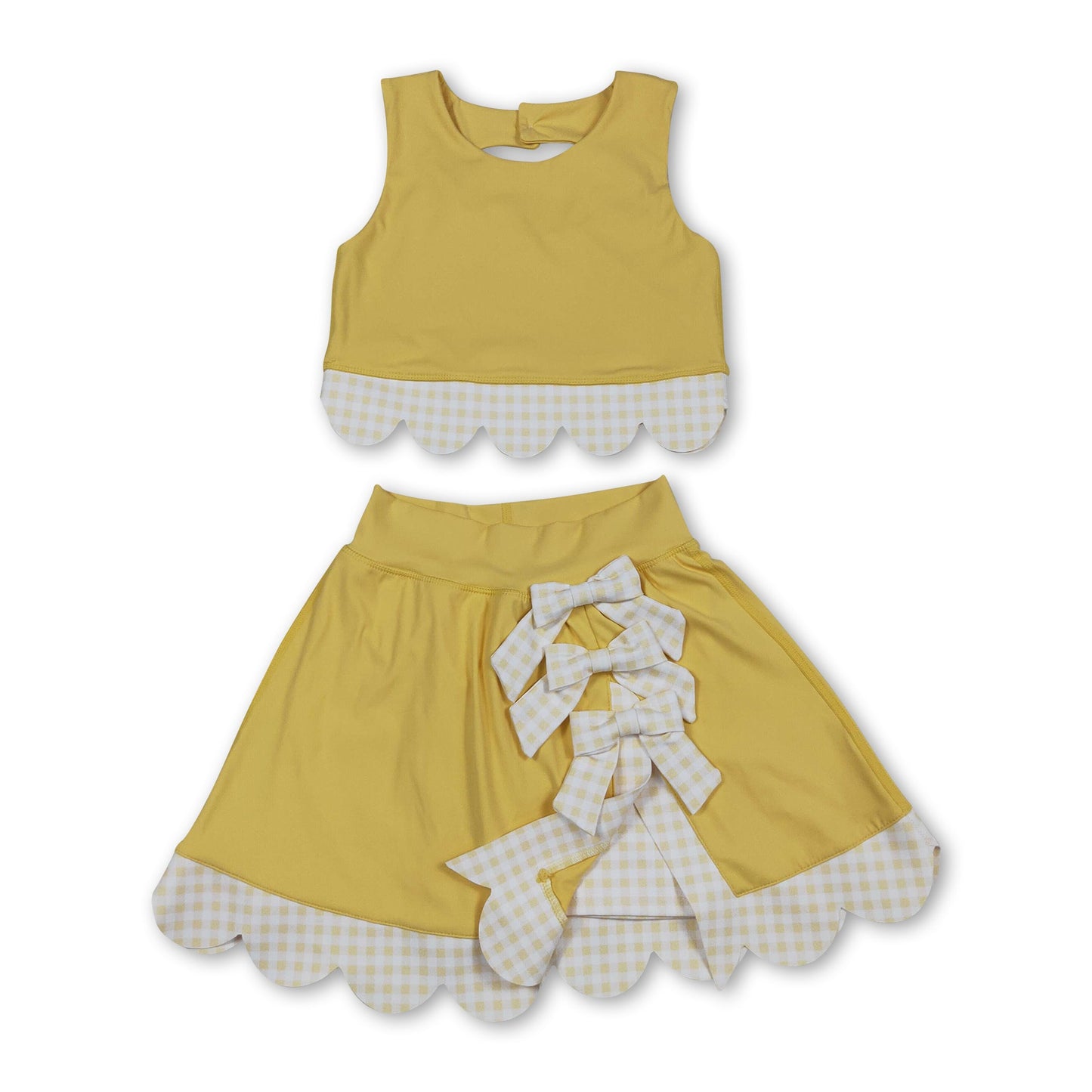 Yellow sleeveless bow scallop kids girls active wear set