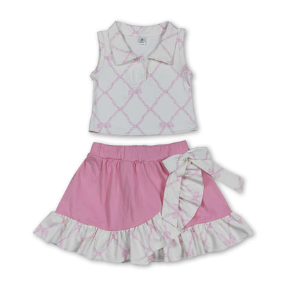 Sleeveless pink bow top ruffle skirt girls activewear set