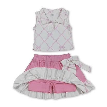 Sleeveless pink bow top ruffle skirt girls activewear set