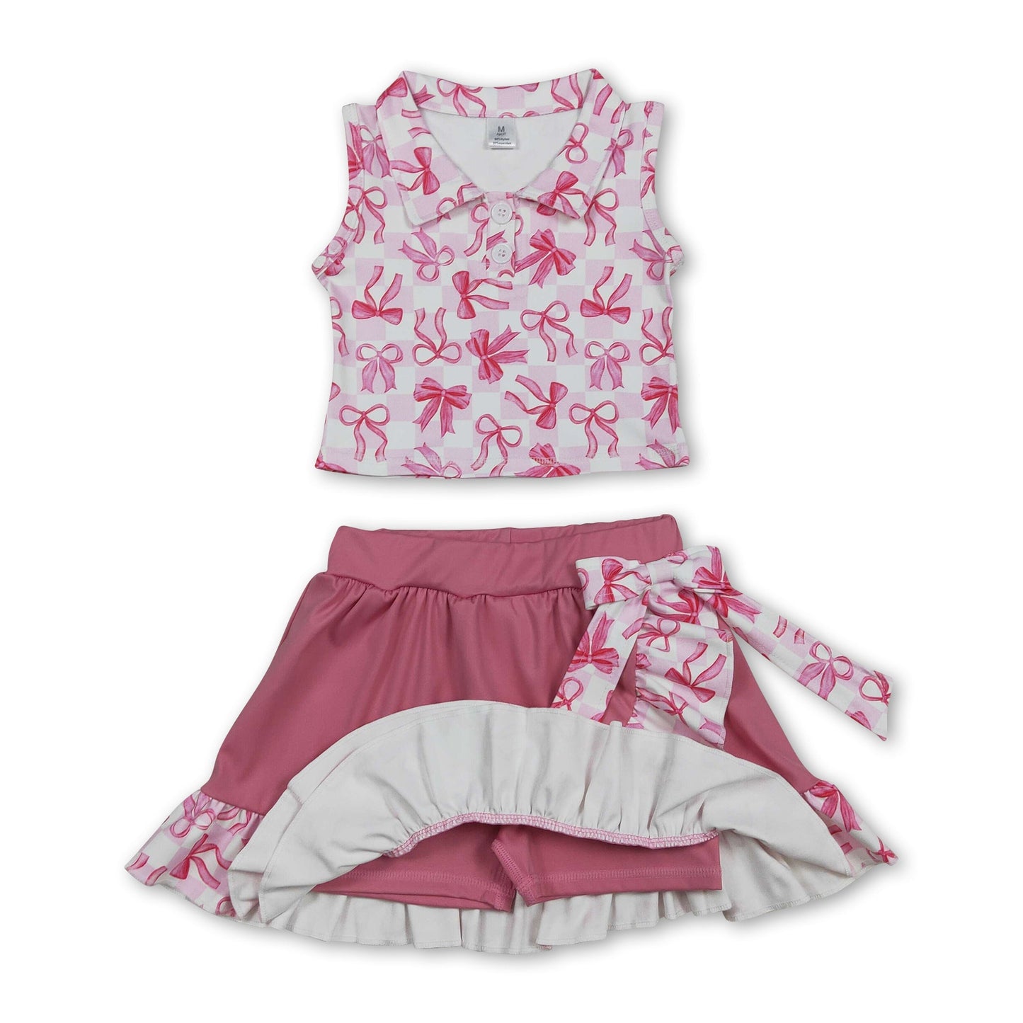 Sleeveless plaid bow top ruffle skirt girls activewear set