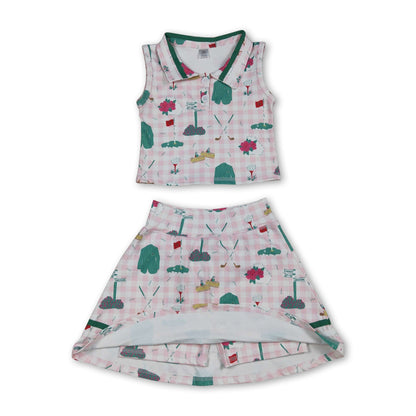 Sleeveless pink plaid golf polo shirt skirt girls active yoga set