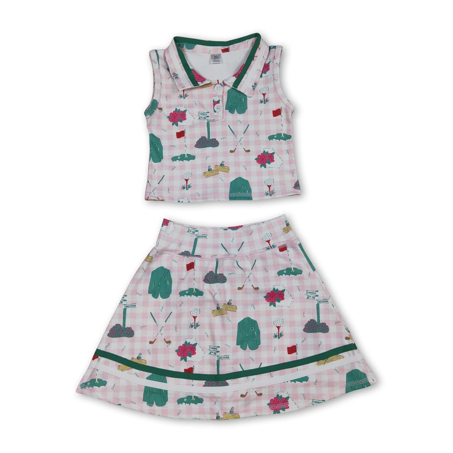 Sleeveless pink plaid golf polo shirt skirt girls active yoga set