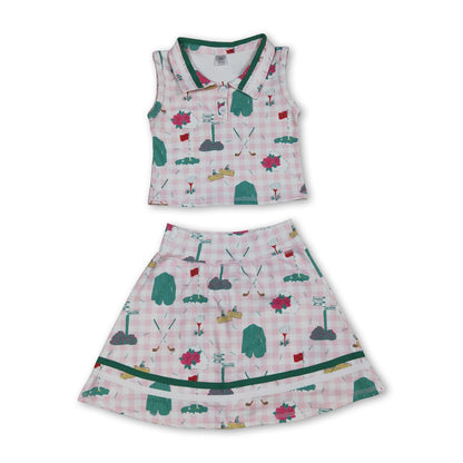 Sleeveless pink plaid golf polo shirt skirt girls active yoga set