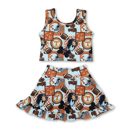 Sleeveless T dog football top skirt girls active wear set