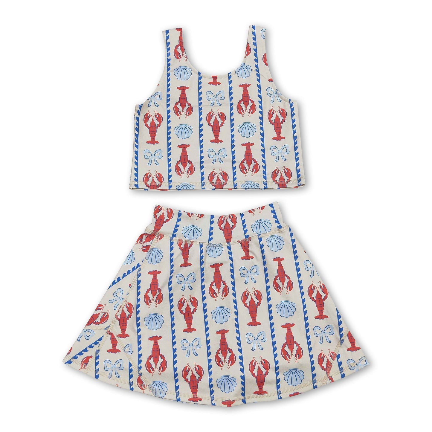 Sleeveless crawfish bow top skirt girls active wear set