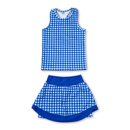 Sleeveless blue plaid top skirt kids girls active set