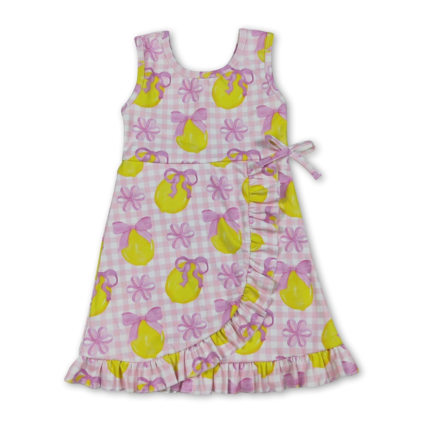 Sleeveless pink plaid bow lemon girls summer athletic dress