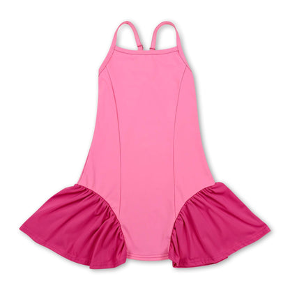 Straps pink patchwork kids girls summer athletic dresses