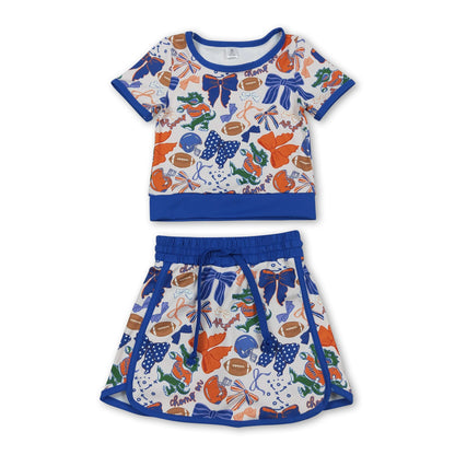 Blue bow crocodile top skirt girls team active wear set