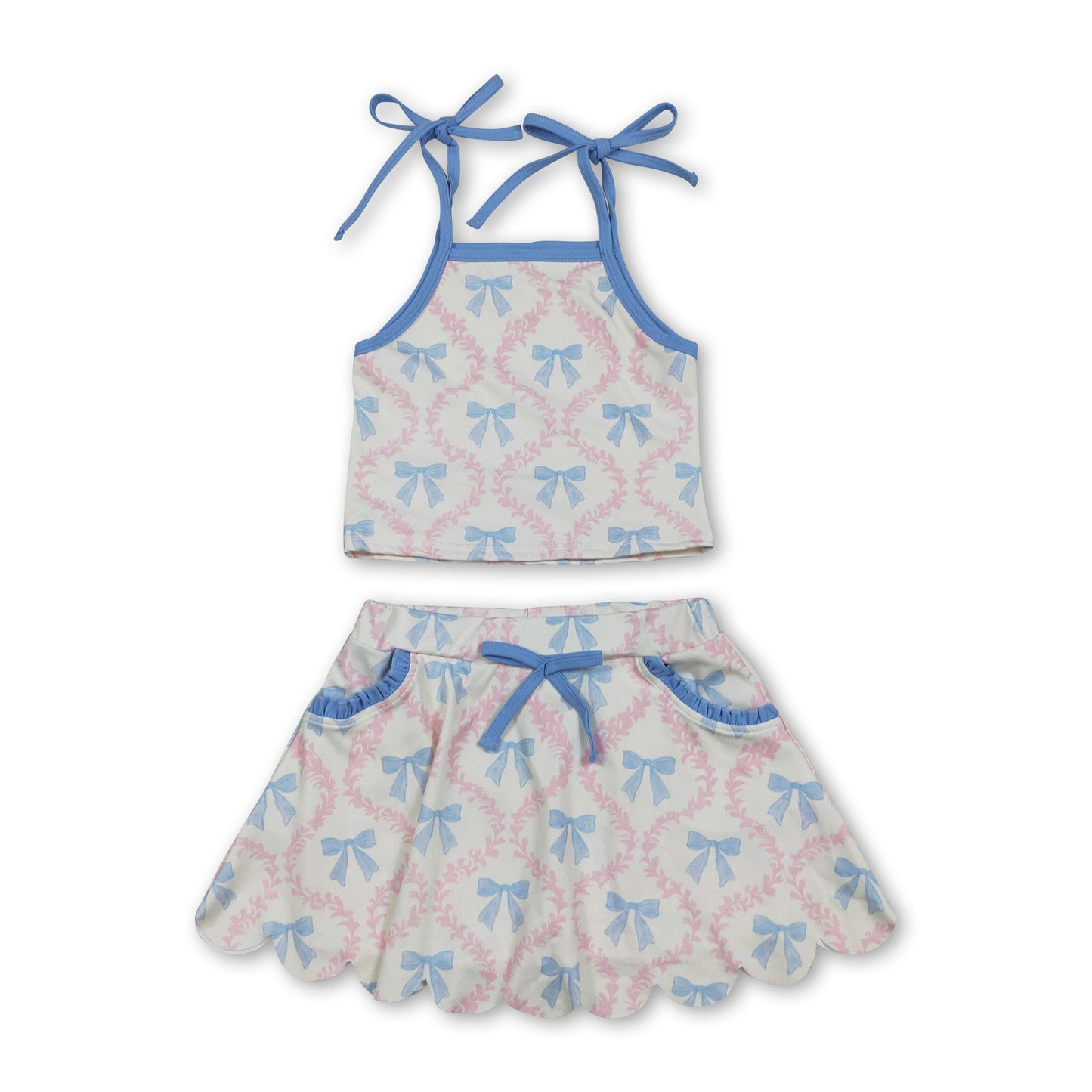 Light blue straps bow top skirt kids girls active outfits