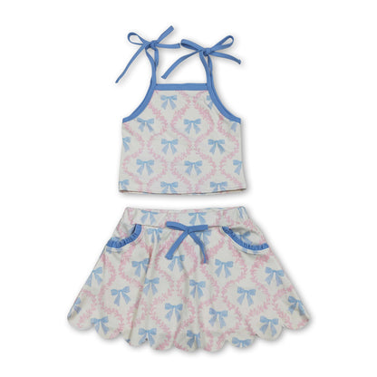 Light blue straps bow top skirt kids girls active outfits