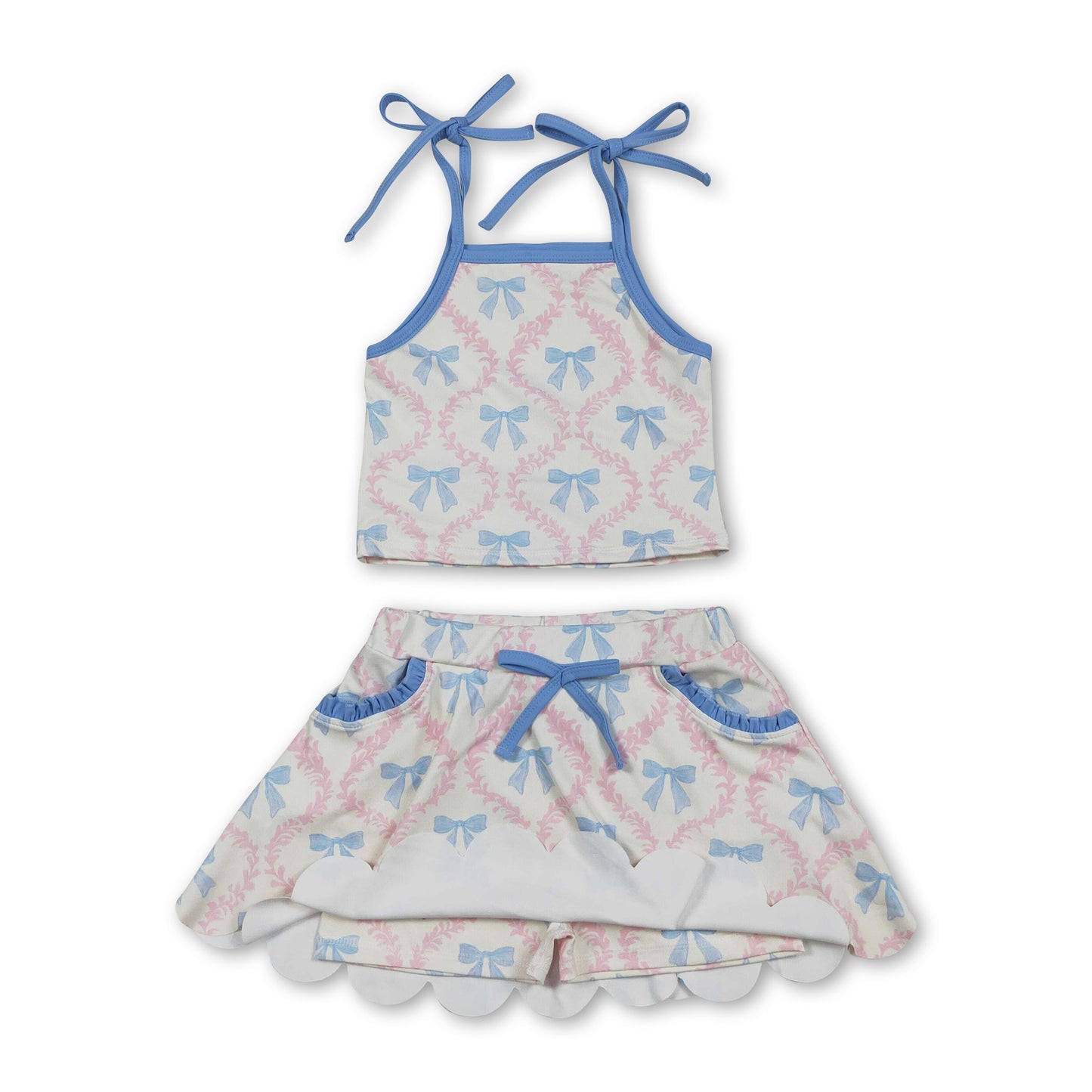 Light blue straps bow top skirt kids girls active outfits