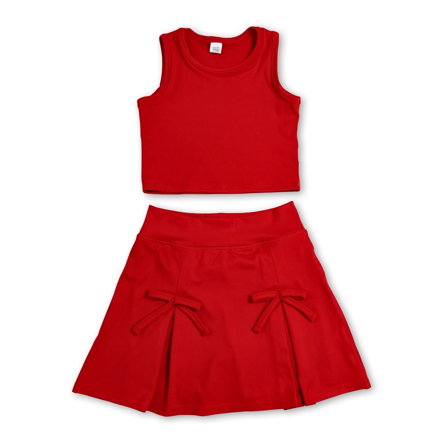 Red sleeveless top bow fold skirt girls active wear set