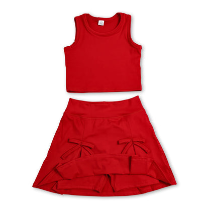 Red sleeveless top bow fold skirt girls active wear set