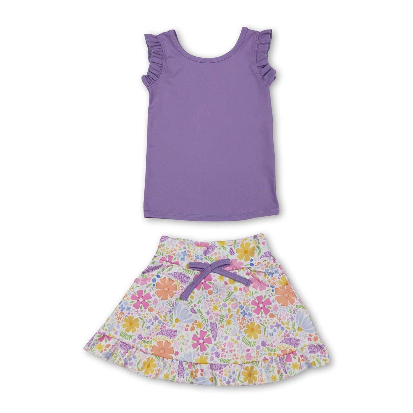 Sleeveless lavender top floral skirt girls active wear set