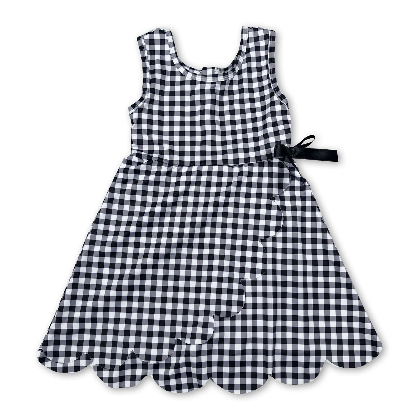 Sleeveless black plaid scallop kids girls athletic dresses