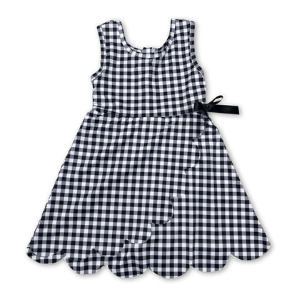 Sleeveless black plaid scallop kids girls athletic dresses