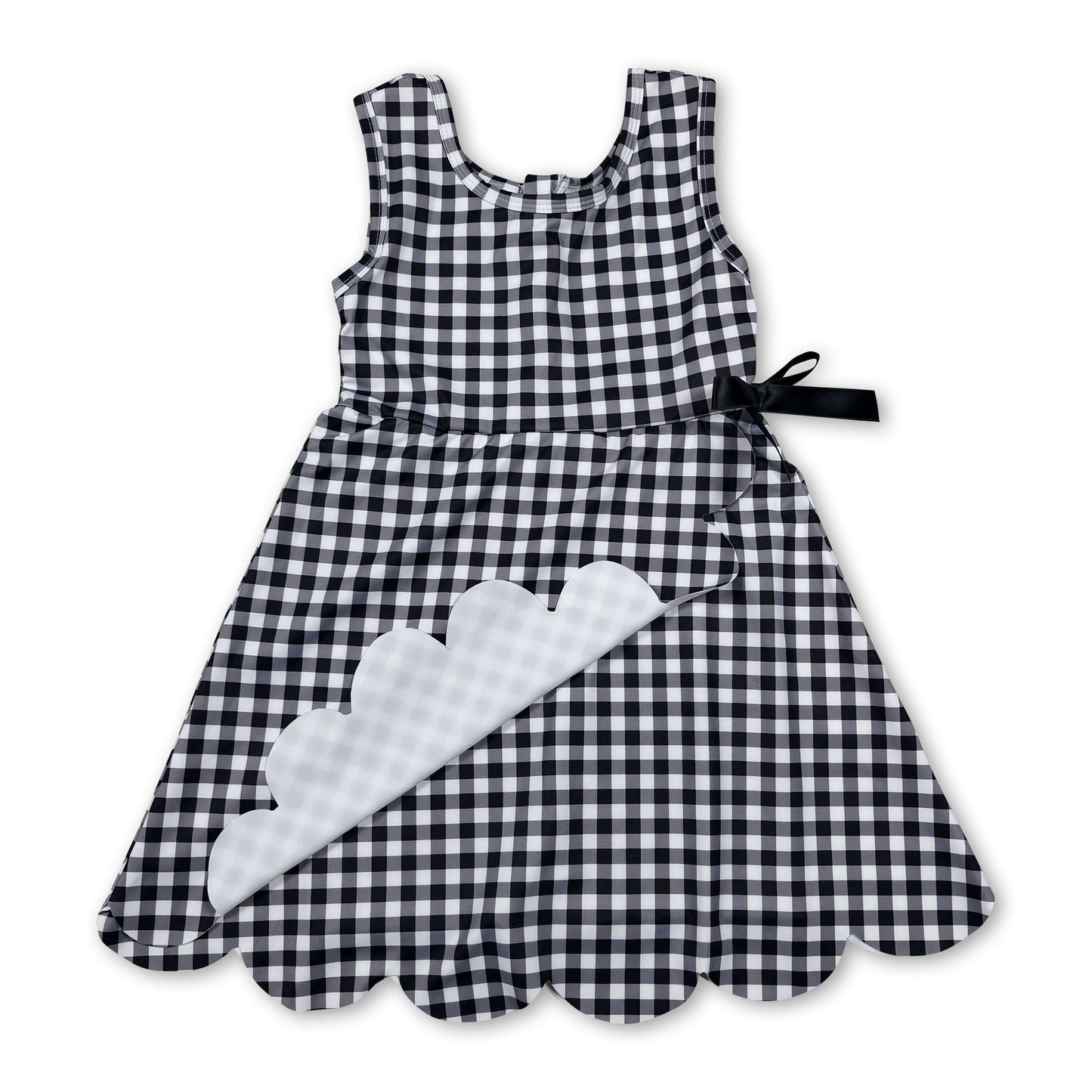 Sleeveless black plaid scallop kids girls athletic dresses