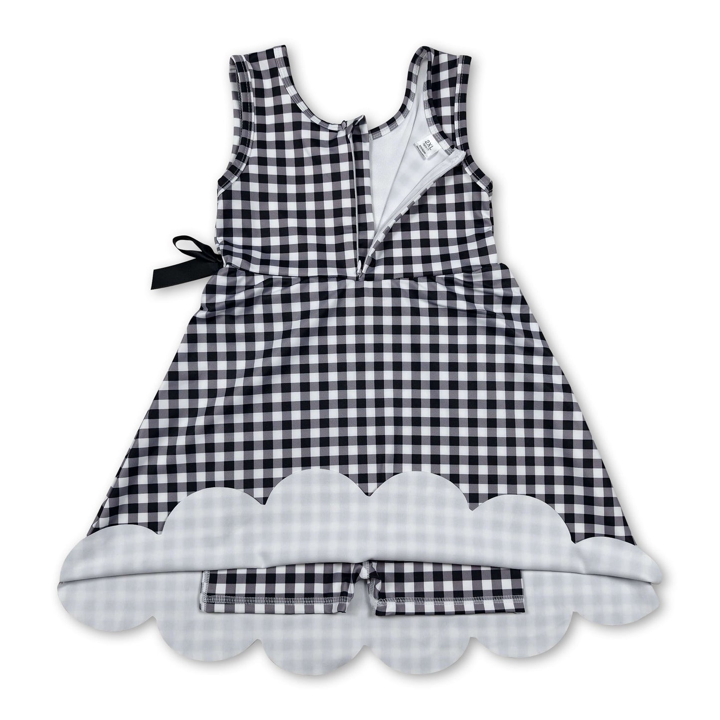 Sleeveless black plaid scallop kids girls athletic dresses